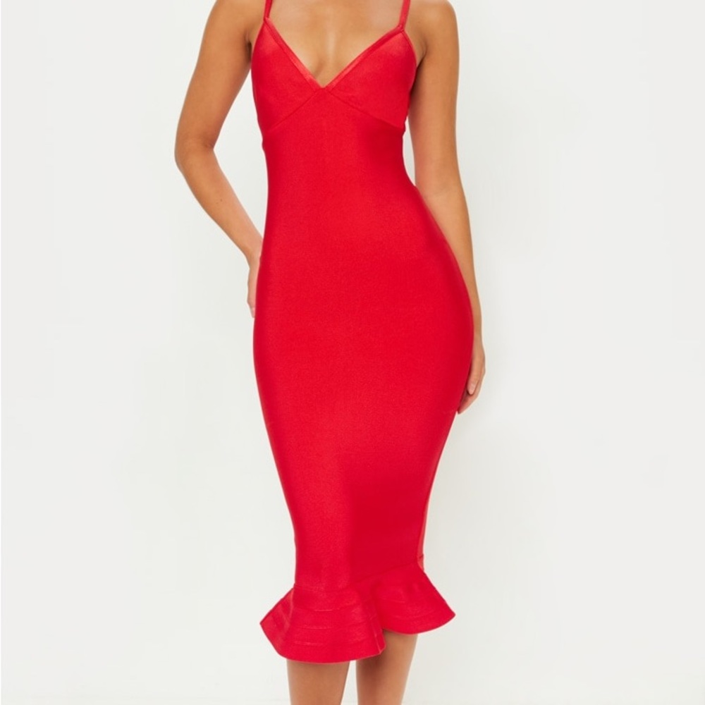 Pretty Little Thing Red Bandage Strappy Frill Hem Midi Dress - Picture 5 of 5